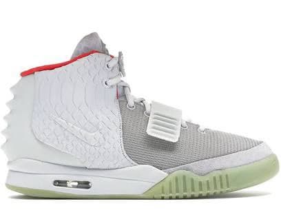 View of white, grey, and red Nike Air Yeezy 2 shoes.